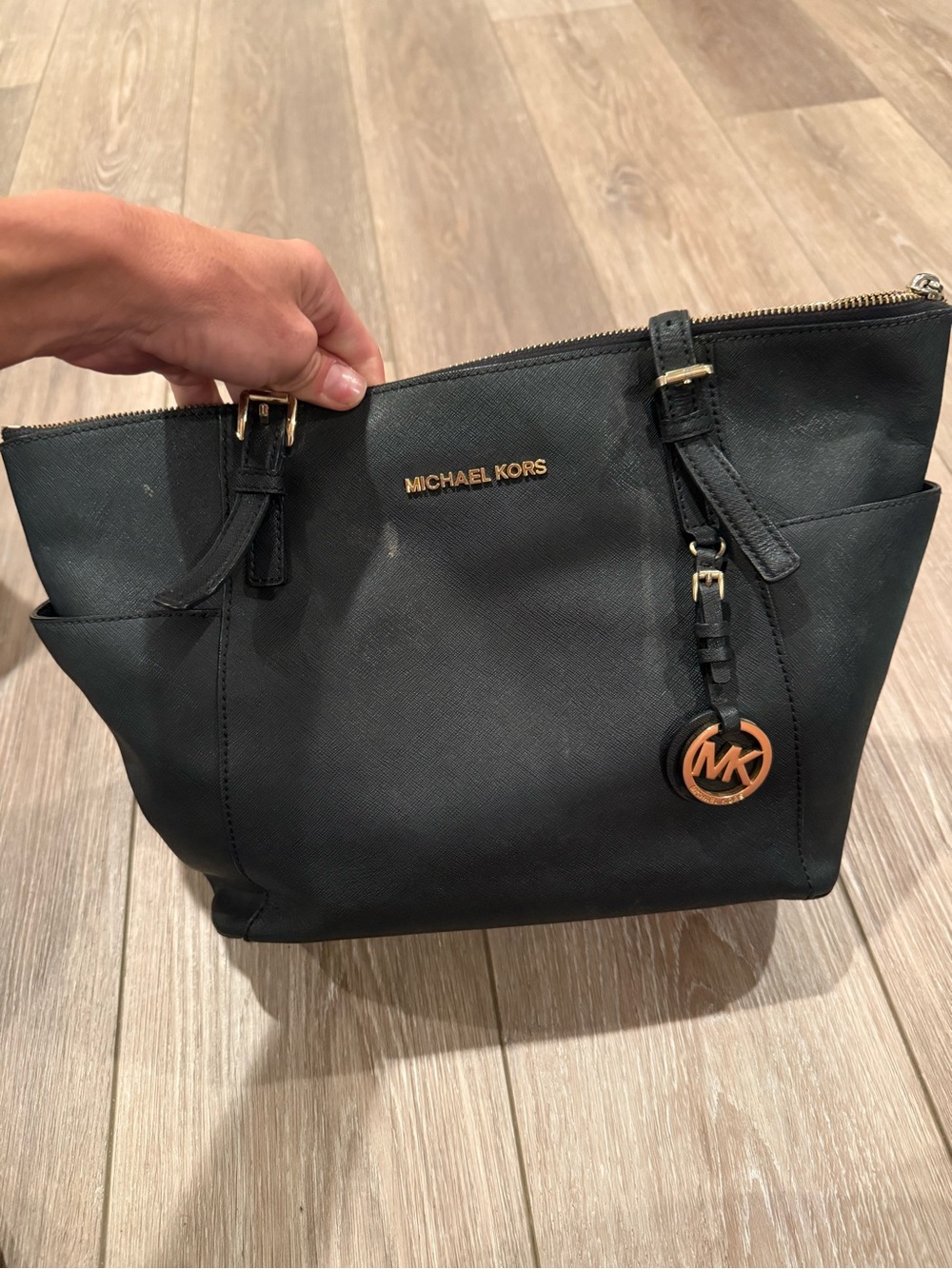 Michael Kors Black Leather Tote with Gold Accent Charm